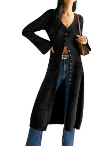 Jenisso Womens V-Neck Button Maxi Cardigan Bell Long Sleeve Open Front Split Breasted Sweater Dress Black - Thumbnail 5