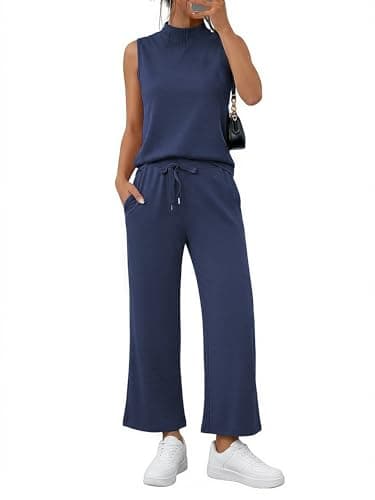 Casly Lamiit 2 Piece Sets for Women Summer Travel Outfits Casual Sleeveless Mock Neck Wide Leg Pants Set Airport Lounge Spring Clothes Navy XS - Image 1