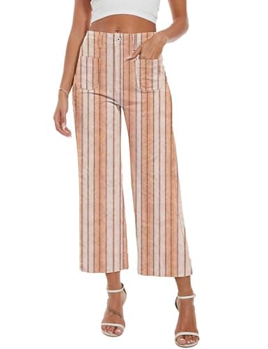 DAOAO Khaki Striped Pants Women Cropped Jeans High Waisted Stretchy Wide Leg Jeans Woman Denim Pant Trendy XL - Image 1