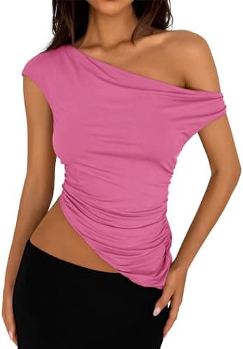 PRETTYGARDEN Womens 2025 Summer Off The Shoulder Crop Tops Sleeveless One Shoulder Ruched Asymmetrical Y2K Going Out Tank Top (Pink,Small) - Image 1