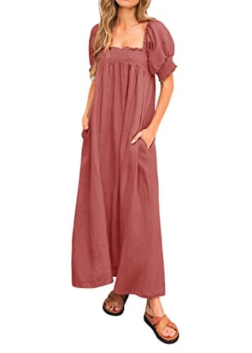KIRUNDO Women 2026 Summer Maxi Dress Casual Loose Puff Sleeve Square Neck Maternity Flowy Long Beach Dresses with Pockets(Brick Red, Small) - Image 1
