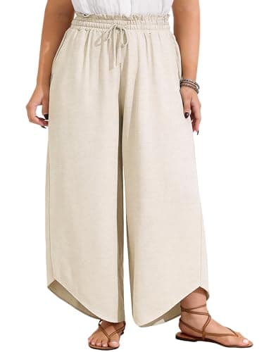 MK Shop Limited Plus Size Wide Leg Pants for Women Elastic High Waist Palazzo Pants Casual Lounge Trousers with Pockets Khaki XL - Image 1