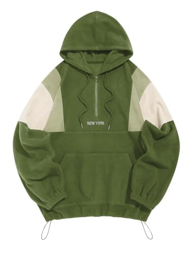 ZAFUL Men's Fluffy Polar Fleece Hoodie NEW YORK Embroidery Half Zip Unisex Hooded Sweatshirt Green L - Image 1