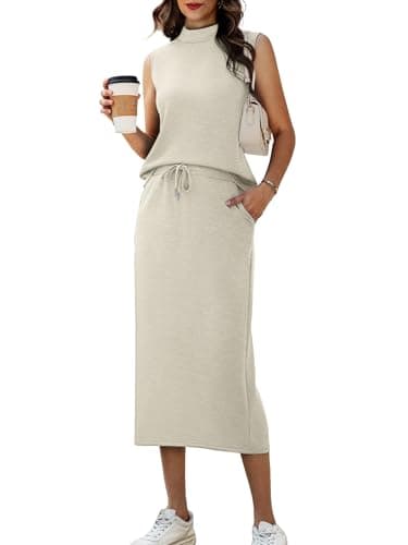 Casly Lamiit Womens Two Piece Set Summer Lounge Airport Outfits Knee Length Skirts Sets with Pockets Beach Vacation Party Clothes Dark Beige L - Image 1
