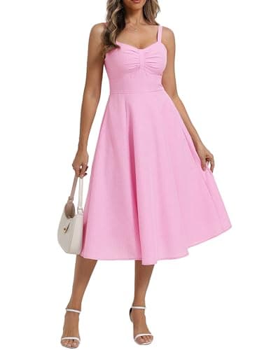 Belle Poque 1950s Vintage Pink Gingham Dress for Women Sweetheart Neckline Midi Dresses Summer Cute A Line Sun Dress L - Image 1