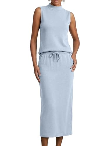 Casly Lamiit Womens 2 Piece Lounge Set Casual Airport Outfits Spring Sleeveless Maxi Skirt Travel Set with Pockets Going Out Lounge Wear Light Blue L - Image 1