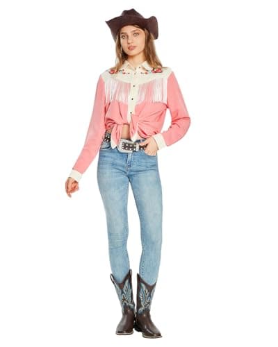 JOHN MOON Women's Fringe Western Shirts Floral Embroidered Button Down Shacket Rodeo Cowgirl Country Top Long Sleeve Pink - Thumbnail 4