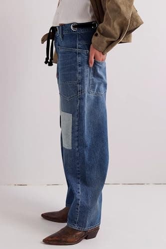 PLNOTME Womens Baggy Barrel Horseshoe Jeans Wide Leg Patchwork Low Rise Denim Pants with Pockets Navy - Thumbnail 3