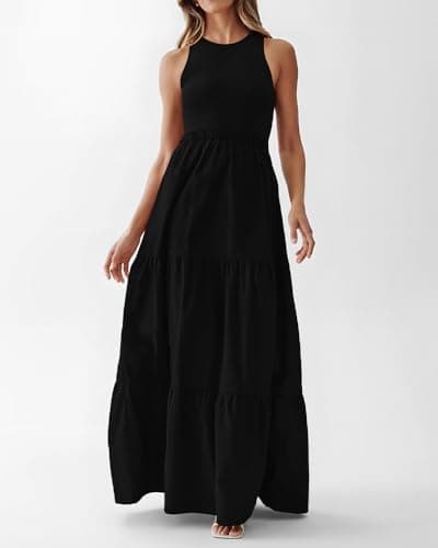 BTFBM Women Sleeveless Summer Dresses Wedding Guest Maxi Dresses Ribbed Knit Tops and Polyester Skirt with Pockets(Solid Black,Large) - Thumbnail 4