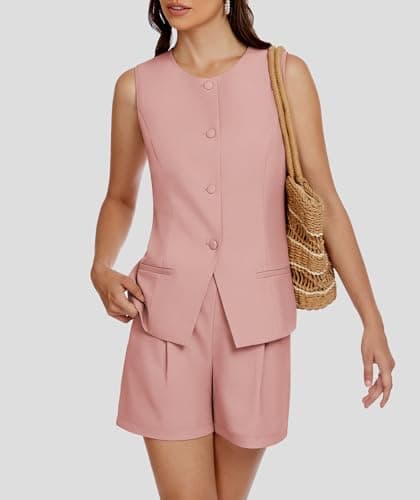 Casly Lamiit 2 Piece Outfits for Women Summer Casual Short Sets 2025 Round Neck Vest Ladies Business Suiting Work Matching Attire Pink XS - Thumbnail 5
