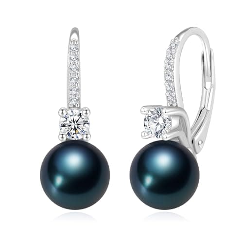 BAMIKI Black Pearl Drop Dangle Earrings 925 Sterling Silver Cubic Zirconia Leverback Earrings, 8MM Round Saltwater Cultured Pearls Jewelry Gifts for Women Wife Mother - Image 1