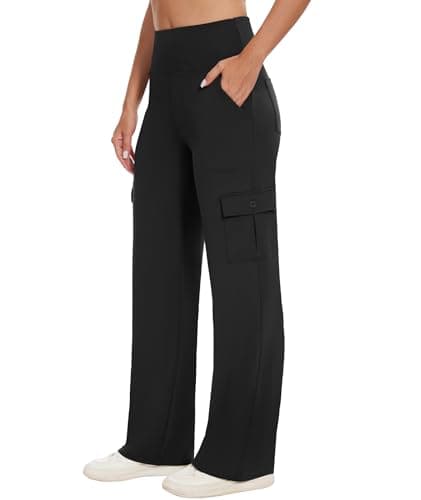 LXP Yoga Cargo Pants Women Wide Leg Pants with Pockets High Waist Stretch Dress Casual Business Work Travel Pants,31",Black,M - Image 1
