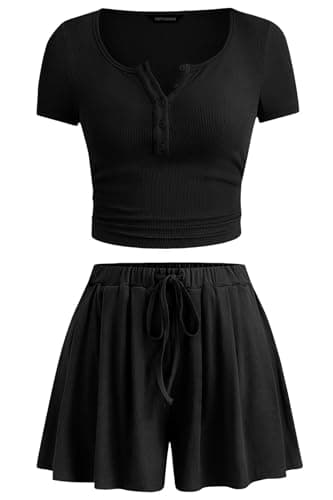 PRETTYGARDEN 2 Piece Sets For Women Summer Short Sleeve Button Up Shirts Drawstring Elastic Waist Shorts Lounge Set 2026(Black,X-Large) - Image 1