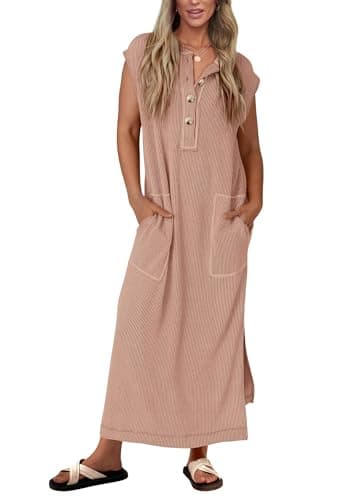 KIRUNDO Womens Summer Dresses 2026 Spring Ribbed Knit Henley Short Sleeve Maxi Dress Button Up Loose Beach Vacation Sundress(Khaki, Small) - Image 1