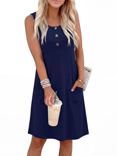 ANRABESS Women Summer Dresses 2026 Casual Sleeveless Button Down Mini Sundress Beach Loose Tank Dress Coverup with Pockets Deep Royal Blue Large - Image 1