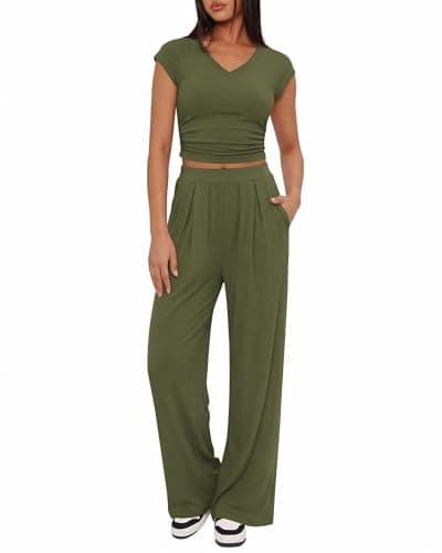 BTFBM Womens 2 Piece Outfits Spring 2026 V Neck Cap Sleeve Ruched Top Wide Leg Pants Sets Rib Knit Lounge Matching Set(Army Green, Small) - Image 1