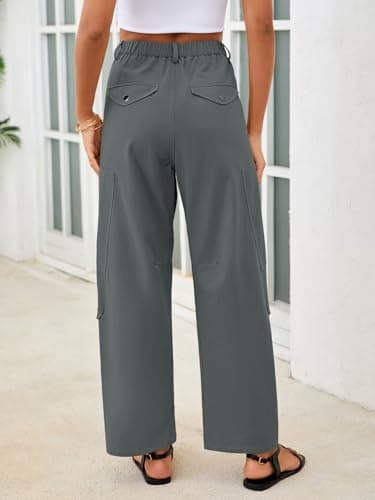 Aoysky Womens Wide Leg Barrel Pants Elastic High Waisted Casual 100% Cotton Utility Trousers with Pockets Loose Fit Grey - Thumbnail 4