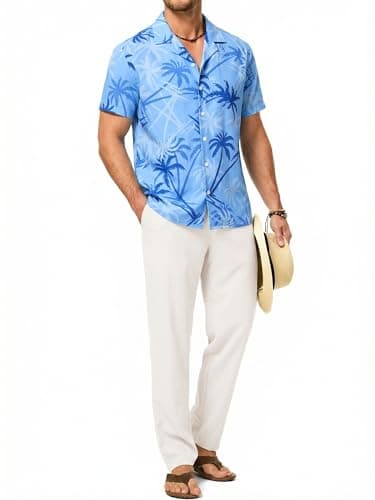 JMIERR Men 2 Piece Outfit Short Sleeve Hawaiian Beach Button Down Shirt Tropical Floral Shirt Casual Loose Pant Sets - Image 1