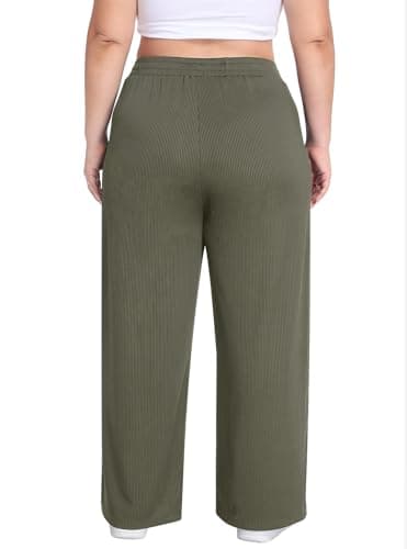 Lastshe Plus Size Wide Leg Pants for Women High Waisted Pull On Stretchy Knit Trousers Comfy Lounge Slacks,Military Green,2X - Thumbnail 2