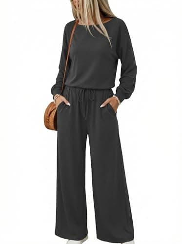 GAMISS Womens Jumpsuits Dressy Long Sleeve Loose Fit Tops Drawstring Elastic Waist Casual Pants Rompers Overalls Black L - Image 1