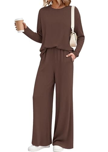 KIRUNDO Spring 2 Piece Lounge Sets for Women Long Sleeve Ribbed Knit Tops Wide Leg Pants Matching Travel Outfits Postpartum(Brown, X-Large) - Image 1