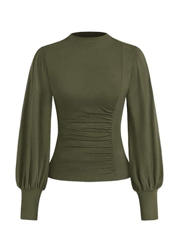 KIRUNDO Blouses for Women Dressy Casual 2026 Spring Tops Fall Puff Long Sleeve Shirts Fitted Mock Neck Ruched Trendy Tops(Army Green, Medium) - Image 1