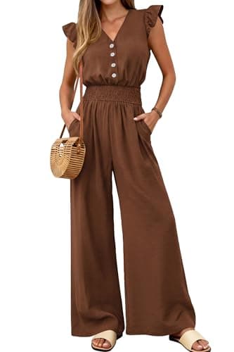 dowerme Women's Jumpsuits Dressy Casual 2026 Summer Ruffle Cap Sleeve V Neck Button Smocked Rompers Wide Leg Overalls(Brown,X-Large) - Image 1