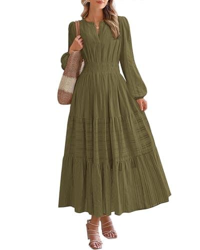 BTFBM Spring Dresses for Women 2026 Casual Long Sleeve V Neck Elastic Waist Lightweight Maxi Wedding Guest Dress Pockets(Army Green, Large) - Image 1