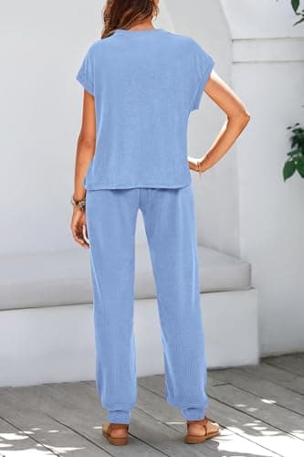 BTFBM Women's Two Piece Tracksuit Outfits Summer Short Sleeve Tops Long Pants Jogger Lounge Matching Sets Sweatsuit(Light Blue,Medium) - Thumbnail 4