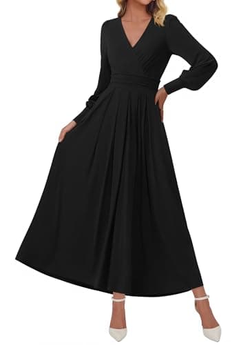 BTFBM Womens Long Sleeve Maxi Dress Fall 2025 Casual V Neck Knit A Line Flowy Pockets Elegant Party Wedding Guest Dresses(Black, Large) - Image 1