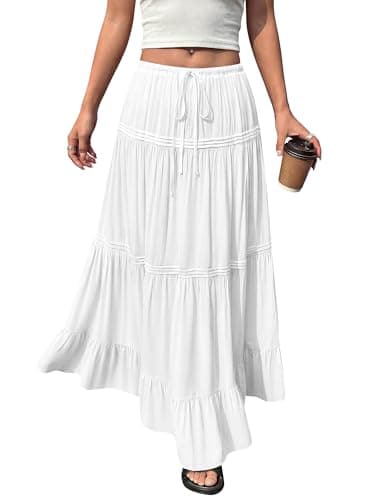 BTFBM Spring Skirts for Women 2026 Summer Boho Beach Vacation Clothes Casual Pleated High Waisted Flowy Maxi Skirt(White, XX-Large) - Image 1