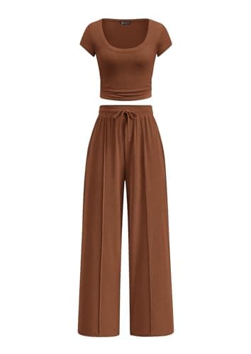 PRETTYGARDEN Women's 2 Piece Matching Lounge Sets Ribbed Short Sleeve Crop Tops Wide Leg Pants 2026 Summer Airport Outfits (Light Brown,Medium) - Image 1