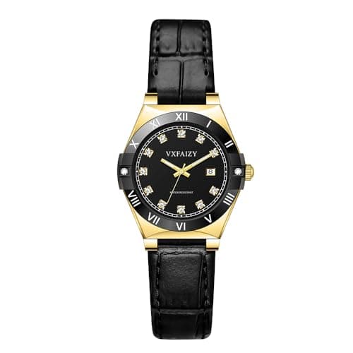 VXFAIZY Elegant Watch for Women with Crystal Markers and Genuine Leather Band Ladies Calendar Watch (Gold Black) - Image 1