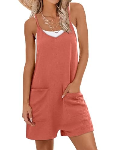 Caracilia Rompers for Women Summer Casual Loose Sleeveless Overalls Spaghetti Strap Shorts Jumpsuits Beach Vacation Clothes Orange Red Large - Image 1