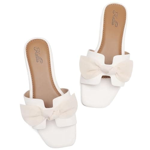 katliu Women's Bow Flat Sandals Square Open Toe Dressy Slide Sandals Slip On Summer Sandals for Wedding Party White 8 - Image 1