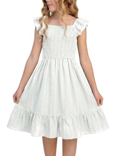 FREELYVE Girls Summer Dresses Smocked Flutter Sleeve Square Neck Ruffle Beach Party Teen Dress,White,10-11Y - Image 1