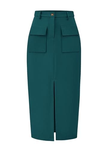 KIRUNDO Midi Skirts for Women Spring Summer High Waisted Cargo Trendy Pencil Slit Dressy Casual Business Work Long Skirt(Large, Dark Green) - Image 1