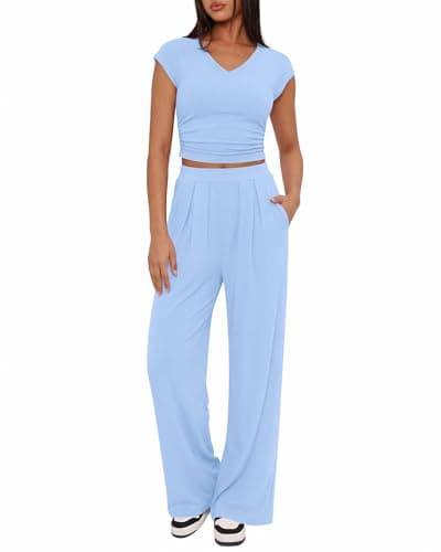 BTFBM Womens 2 Piece Outfits Spring 2026 V Neck Cap Sleeve Ruched Top Wide Leg Pants Sets Rib Knit Lounge Matching Set(Light Blue, Medium) - Image 1
