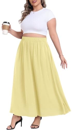 Lastshe Plus Size Maxi Skirts for Women Casual Elastic High Waisted Hide Drawstring Flowy A-line Ankle Length Skirts for Women with Pockets,Light Yellow,4X - Image 1