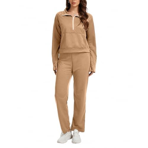 Anyshe Women's 2 Piece Sweatsuit Set Lounge Set Half Zip Sweatshirt with Kangaroo Pocket Thumb Holes Wide Leg Drawstring Pants Casual Tracksuit for Travel Daily Wear, Khaki, X-Large - Image 1