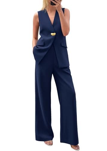 KIRUNDO Pant Suits for Women Dressy 2 Piece Sets Sleeveless Blazer Vest Wide Leg Matching Pantsuit Business Casual Outfits(Navy Blue, XX-Large) - Image 1