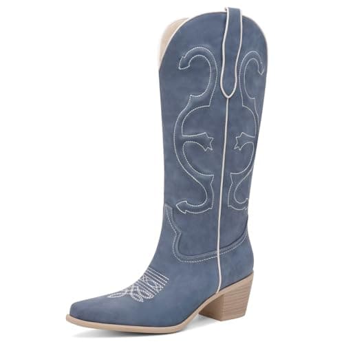 GPXGPX Cowgirl Boots Women Embroidered Cowboy Boots Mid Calf, Pointed Toe Chunky Block Heel Pull On Western Boots Blue 10 - Image 1