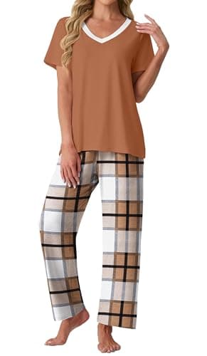 PrinStory Pajamas for Women Set Soft Pjs 2 Piece Pajama Sets Casual Pj Short Sleeve Lounge set with Pockets Brown White Plaid-M - Image 1