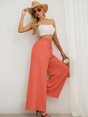 Heymoments Women's Wide Leg Dress Pants with Pockets Coral Medium Lightweight Elastic High Waisted Adjustable Tie Knot Flowy Loose Slacks Lounge Casual Ladies Beach Pleated Trousers - Thumbnail 5