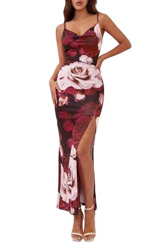 BTFBM Summer Dresses for Women 2026 Bodycon Spaghetti Strap Floral High Split Maxi Cocktail Wedding Guest Dress(Floral Black Apricot,X-Small) - Image 1