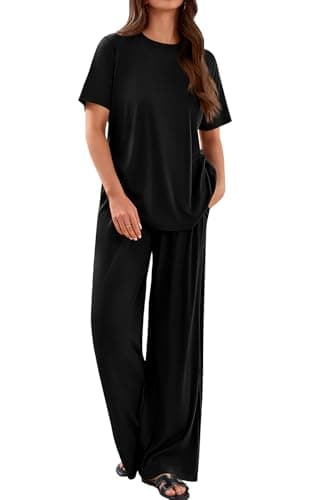 PRETTYGARDEN Womens Pajamas Pants Set Short Sleeve Two Piece Sets for Women Spring Fashion Matching Sets Women Clothing (Black, Medium) - Image 1