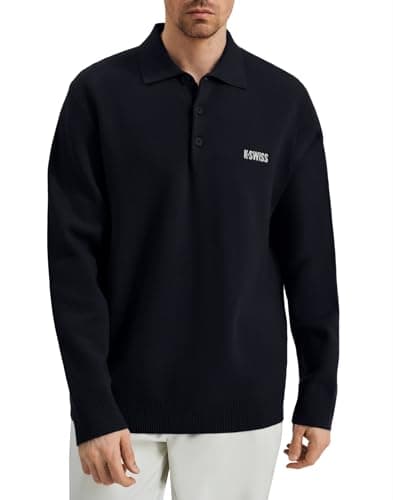 K-Swiss Men's Knit Polo Shirts - Long Sleeve Polo Sweaters Shirt Classic Collared Button Casual Work Golf Black XL - Image 1