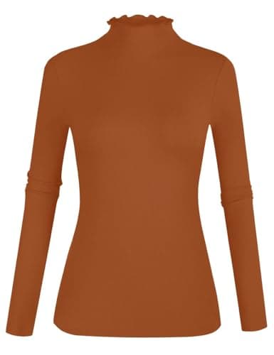 Women's Lettuce Trim Mock Turtleneck Top Long Sleeve Slim Fit Ribbed Knit Tee Shirt (Caramel-22, 2XL) - Image 1