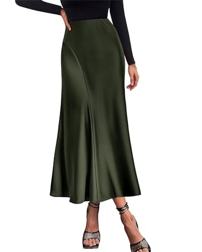 KIRUNDO Women Spring Summer Satin Maxi Skirt 2026 Trendy High Waisted Wedding Cocktail Party Work Silk A-Line Formal Skirts(Dark Army Green, Medium) - Image 1