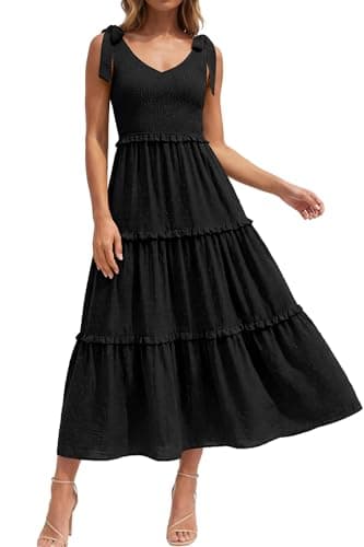 Okiwam Womens Summer Dresses 2026 Sleeveless Tie Strap Maxi Long Flowy Beach Sundresses Boho Swiss Dot Spring Wedding Guest Dress-XL Black - Image 1